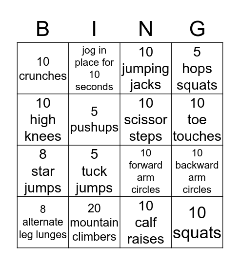 Fitness Bingo Card