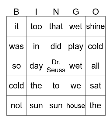Words from CAT IN THE HAT Bingo Card