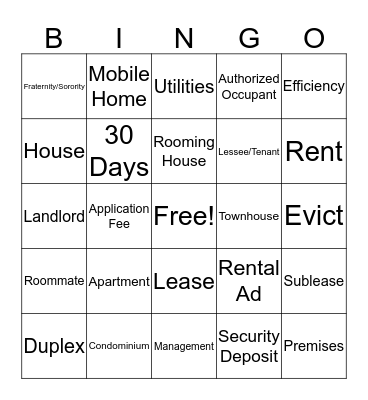 Apartment Living Bingo Card