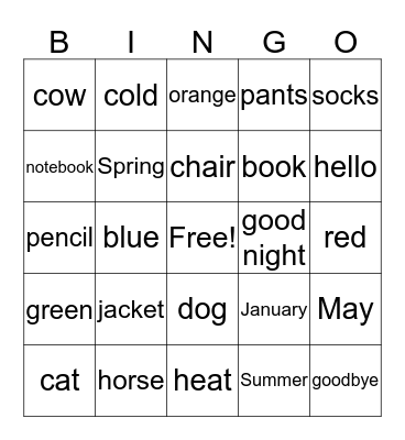 Spanish Vocabulary Words Bingo Card