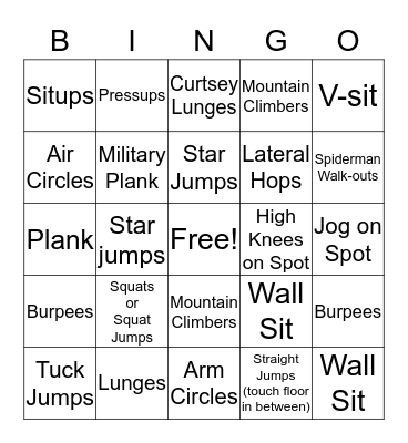Miss Richardson's Fitness Bingo! Bingo Card