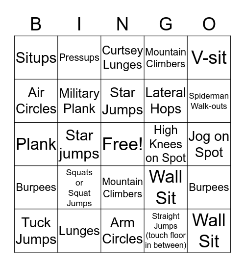Miss Richardson's Fitness Bingo! Bingo Card