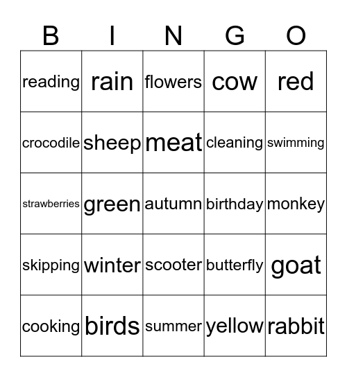 English Bingo Card