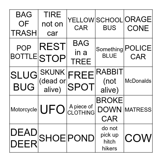 Road Trip BINGO Card