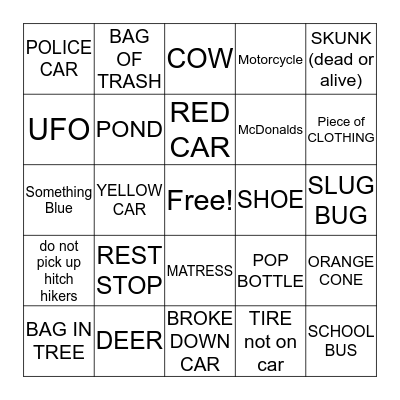 Road Trip Bingo Card