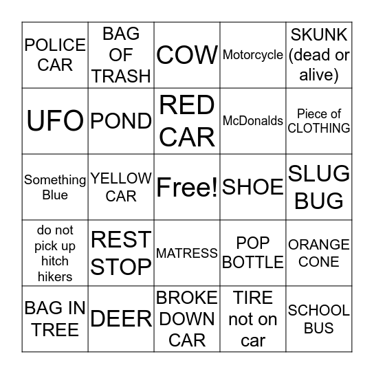 Road Trip Bingo Card