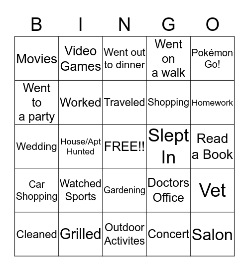 Customer Service/ What did your customer do this weekend Bingo Card