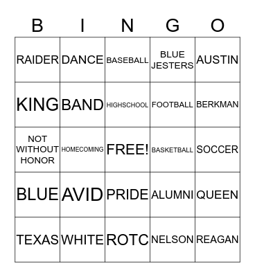 Reagan Raider Bingo Card