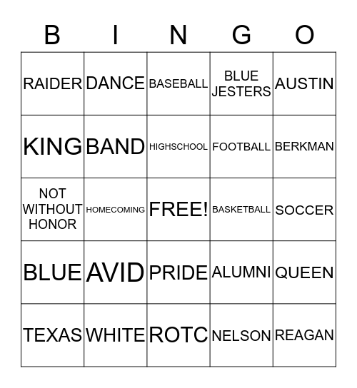 Reagan Raider Bingo Card