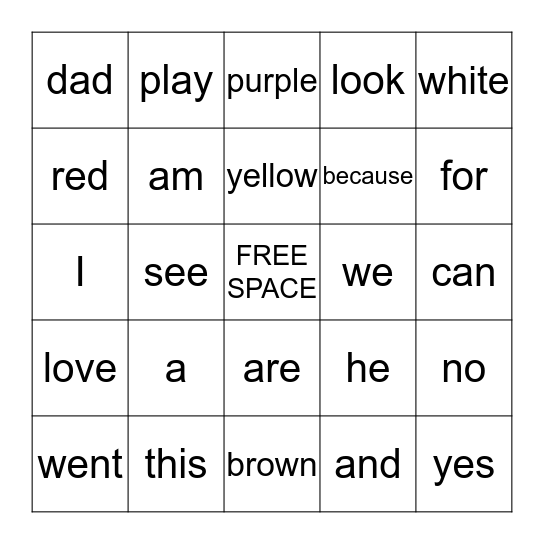 Sight word Bingo Card