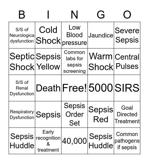 Pediatric Sepsis Bingo Card