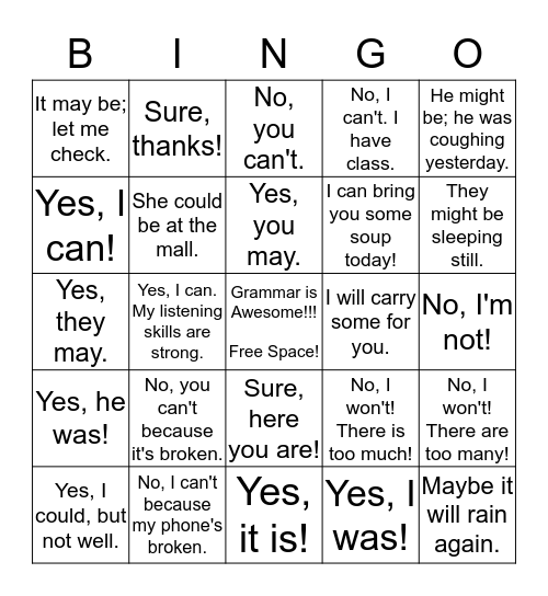 Modals Bingo Card