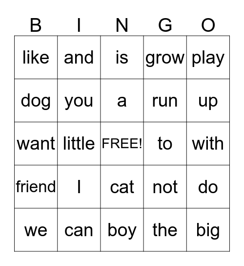 Sight Word bingo Card