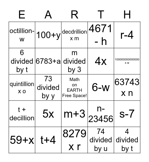 Math on Earth Bingo Card