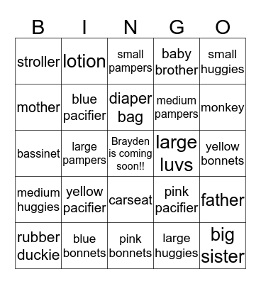Ashli and Kyle's Baby Shower  Bingo Card
