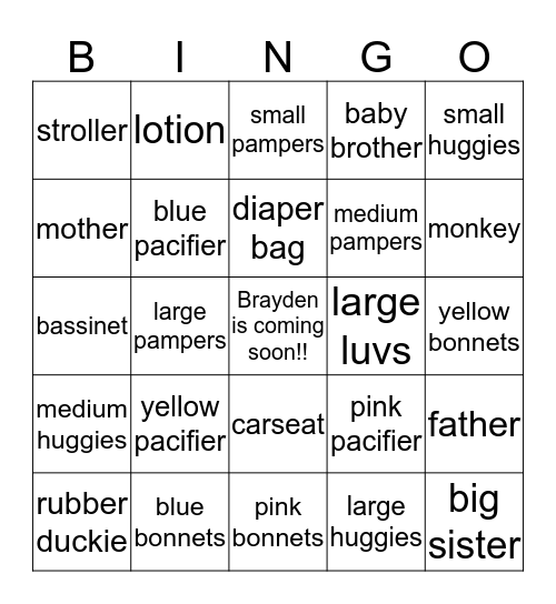 Ashli and Kyle's Baby Shower  Bingo Card