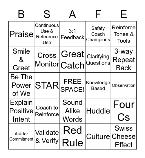 Safety Bingo  Bingo Card