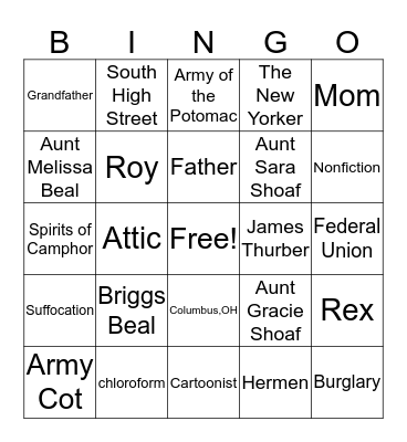 "The Night the Bed Fell" Bingo Card