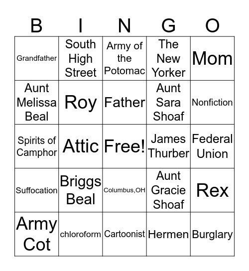 "The Night the Bed Fell" Bingo Card