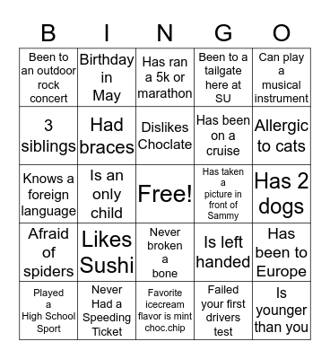 Get to Know You Bingo 1 Bingo Card