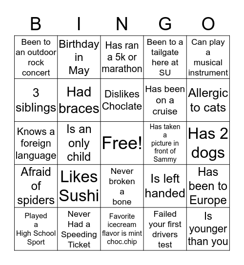 Get to Know You Bingo 1 Bingo Card