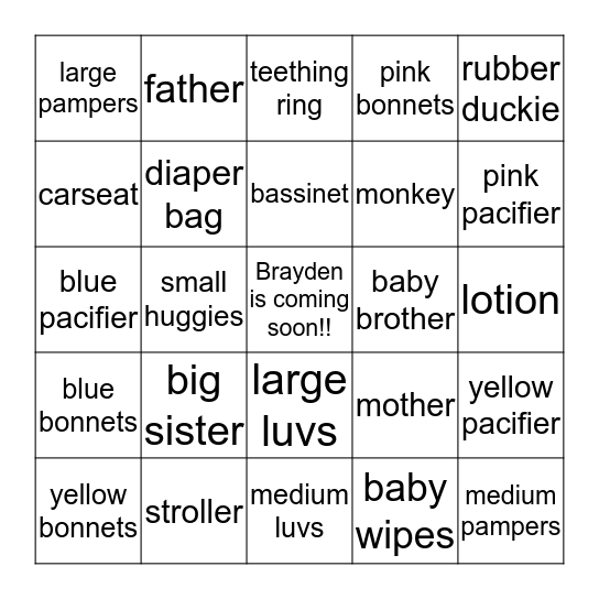 Kyle and Ashli's Baby Shower Bingo Card