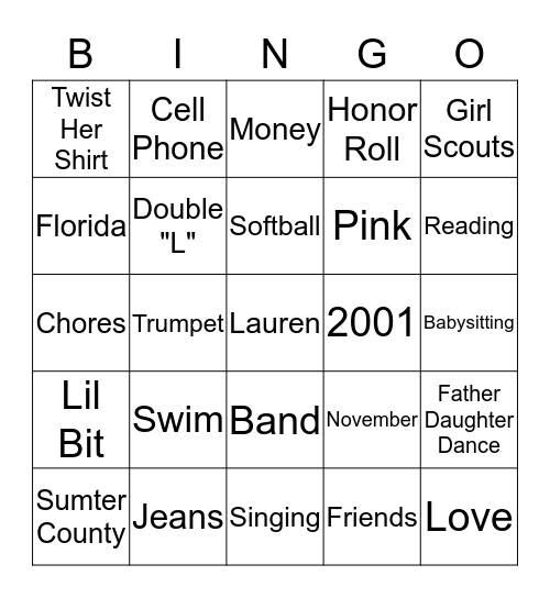 Lauren's Bingo Card
