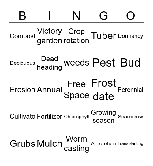 Gardening Bingo Card