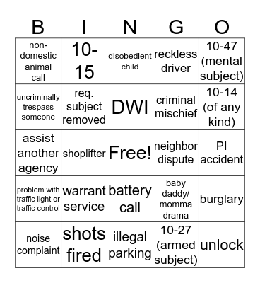 Police Week Blotter Bingo Card