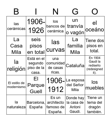 El Architecto Gaudi Bingo Card