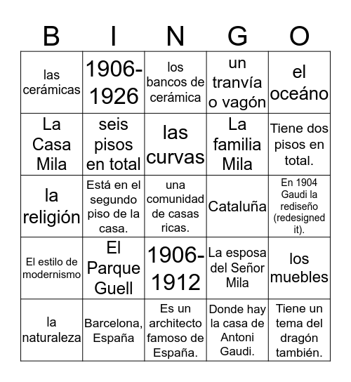 El Architecto Gaudi Bingo Card