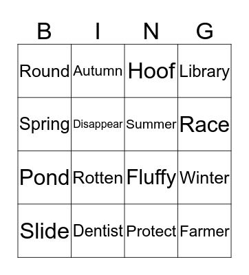 Kindergarten Vocab Bingo Card