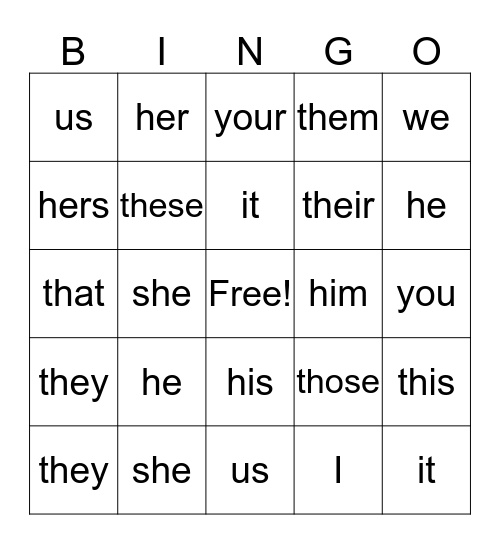 Pronouns Bingo Card