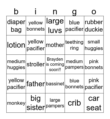 Brayden's Baby Shower Bingo Card