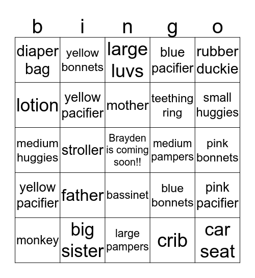 Brayden's Baby Shower Bingo Card