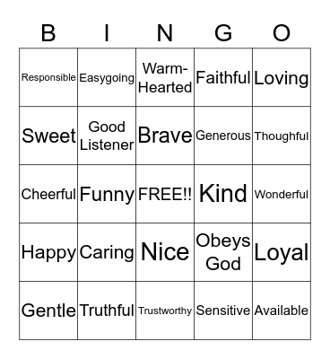 Friendship Bingo Card