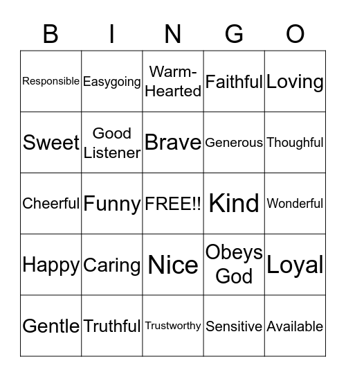 Friendship Bingo Card