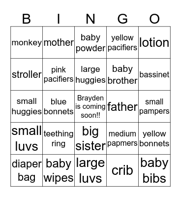 Big Sister Bella's Little Brother's Shower Bingo Card