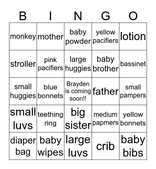 Big Sister Bella's Little Brother's Shower Bingo Card