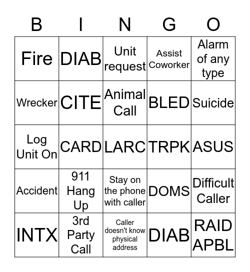 Dispatcher Bingo  October - November Bingo Card