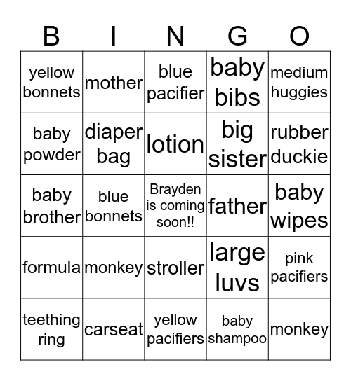 Grandparents Baby Shower Bingo Card