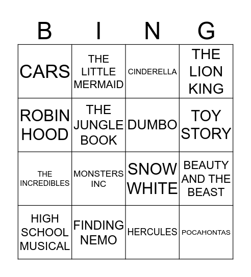 Disney Bingo Card