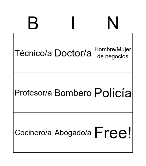 Profesiones Bingo Card