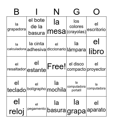 School Supplies Bingo Card