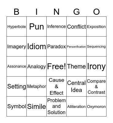 Figurative Language & Reading Terms Bingo Card