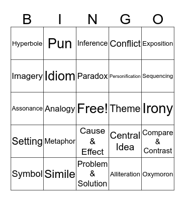 Figurative Language & Reading Terms Bingo Card