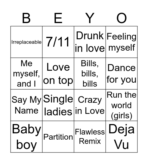 Beyonce Bingo Card