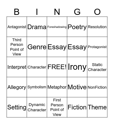 English Literature Vocabulary Bingo Card