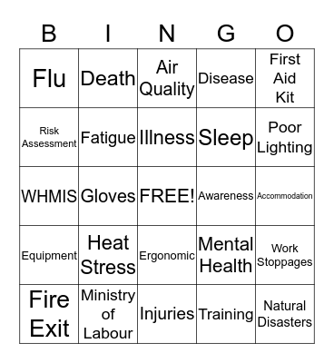 Health and Safety Bingo Card