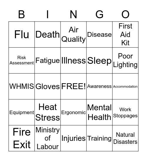 Health and Safety Bingo Card